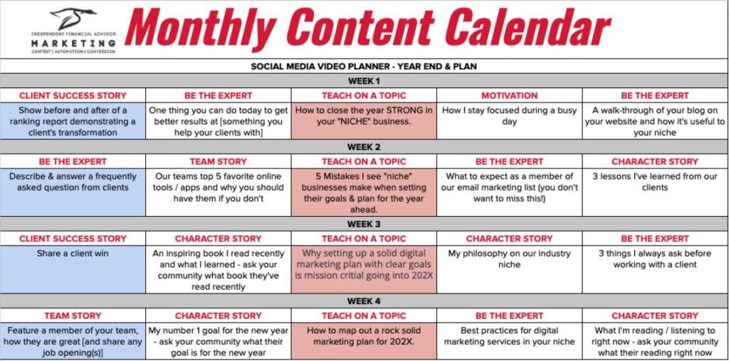 Monthly Content Calendar